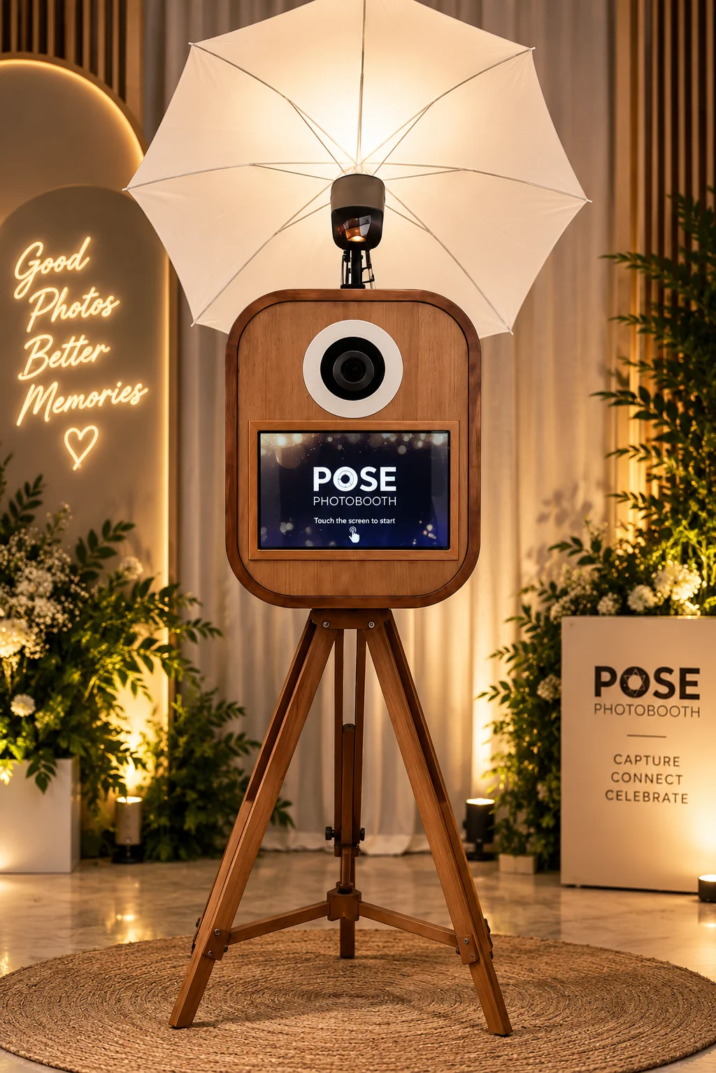 POSE Signature Photobooth with studio lighting and wooden camera setup